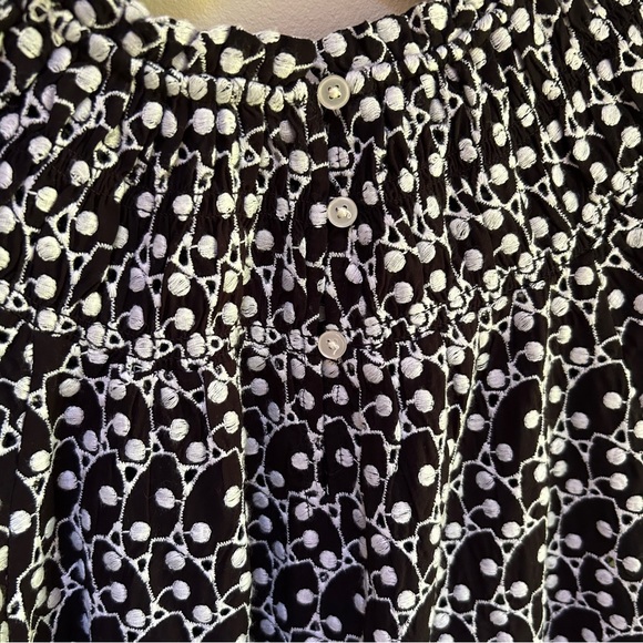 Loft ~ Embroidered Eyelet High Ruffle Neck Smocked Short Sleeve Top in Medium - Picture 8 of 13